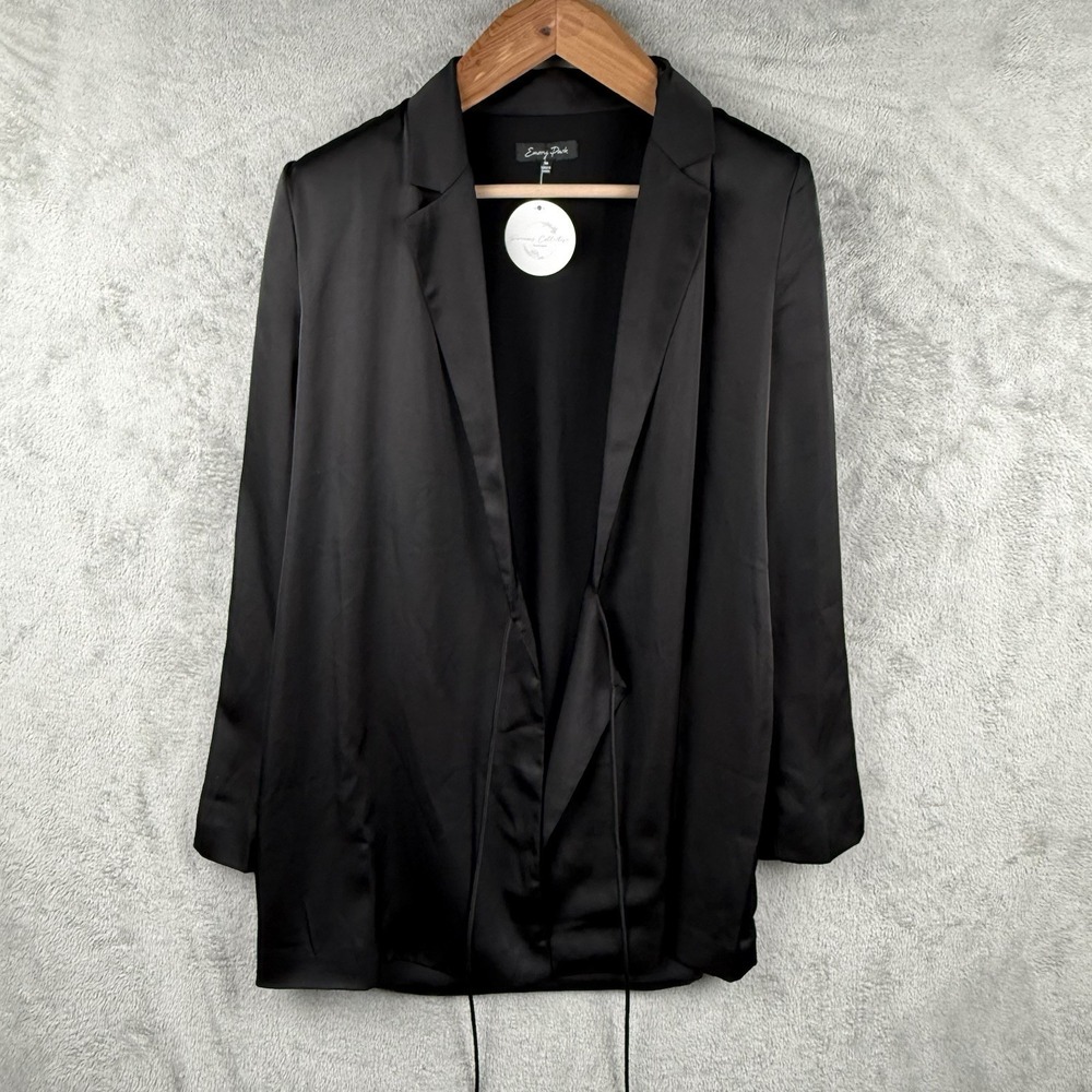 Emory Park Satin Blazer‎ Jacket Womens M Black Office Career Tie Front Wrap NWT